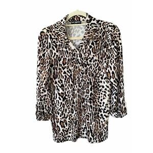 Karl Lagerfeld Blouse Womens Medium* Leopard 3/4 Roll Tab Sleeve Career Wear EUC